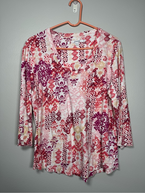 Chico's Tops - Chico’s Size 2 Large Pink Red Floral V-Neck 3/4 Sleeve Tunic Top